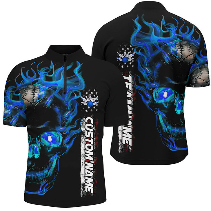 Custom Bowling And Pins Mutilcolor Flame Skull Customized Name, Team Name 3D Zipper Polo Shirt For Men