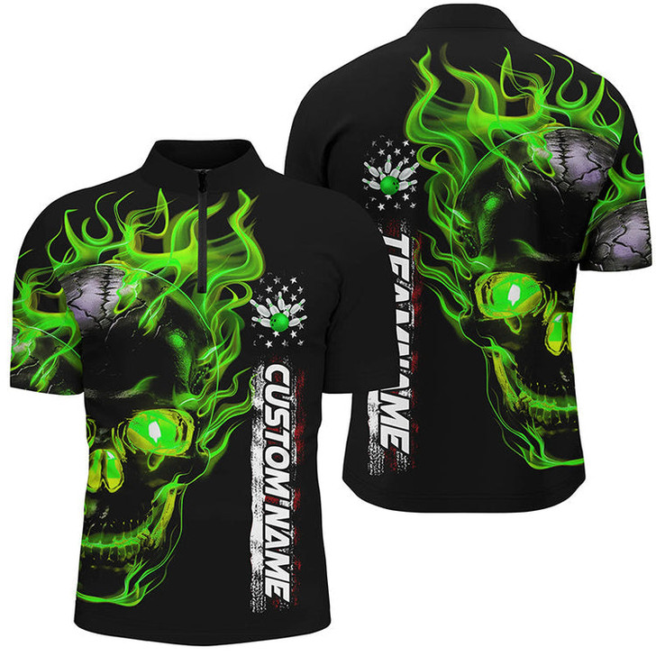 Custom Bowling And Pins Mutilcolor Flame Skull Customized Name, Team Name 3D Zipper Polo Shirt For Men