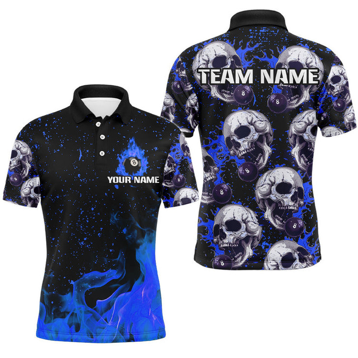 Custom Billiard Blue Skull Fire 8 Ball Customized Name, Team Name 3D Polo Shirt For Men, Gift for Billiard Players