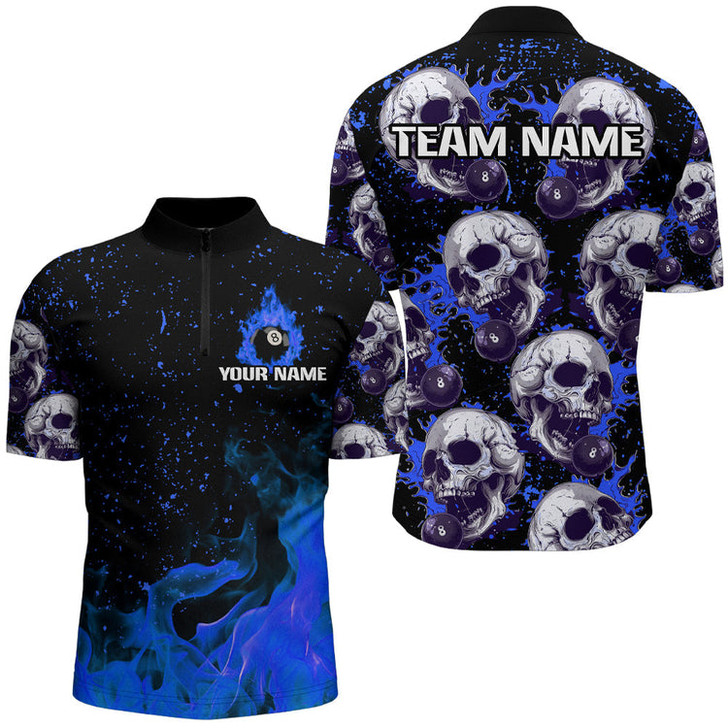 Custom Billiard Blue Skull Fire 8 Ball Customized Name, Team Name 3D Polo Shirt For Men, Gift for Billiard Players