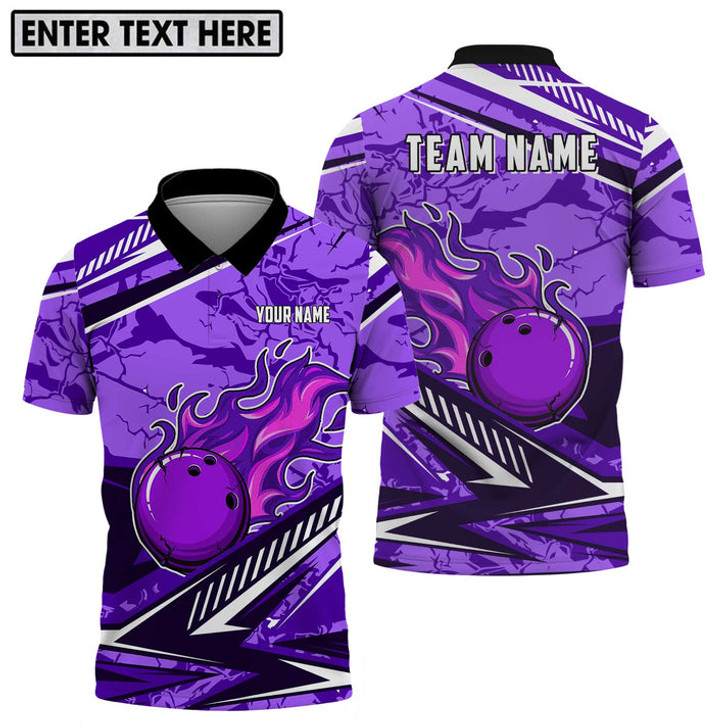 Custom Bowling And Pins Purple Fire Customized Name, Team Name 3D Jersey Shirt For Men