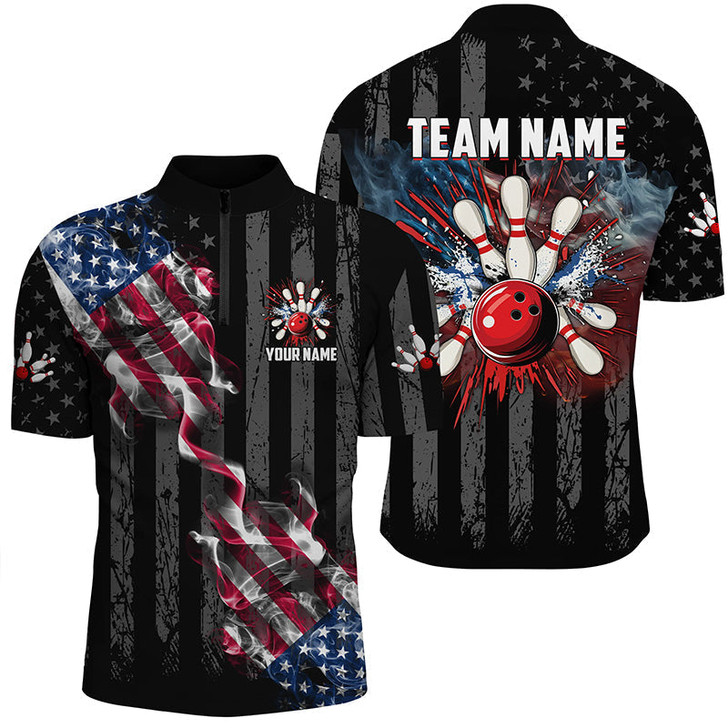 Custom Bowling And Pins Black American Flag Smoke Customized Name, Team Name 3D Jersey Shirt For Men