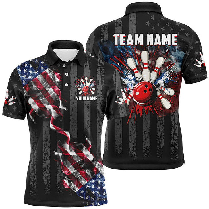 Custom Bowling And Pins Black American Flag Smoke Customized Name, Team Name 3D Jersey Shirt For Men