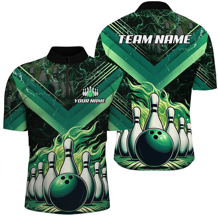 Custom Bowling And Pins Green Flame Customized Name, Team Name 3D Bowling Jersey Shirt For Men