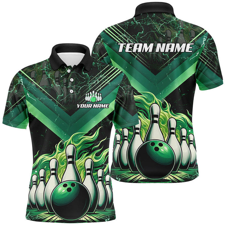 Custom Bowling And Pins Green Flame Customized Name, Team Name 3D Bowling Jersey Shirt For Men
