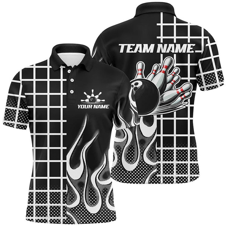 Custom Bowling And Pins Black And White Retro Customized Name, Team Name 3D Jersey Polo Shirt For Men