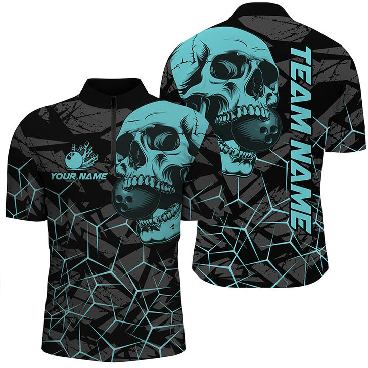 Custom Bowling And Pins Black Skull Camo Customized Name, Team Name 3D Jersey Polo Shirt For Men