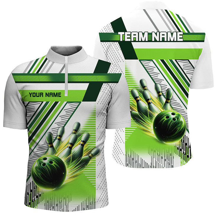 Custom Bowling And Pins Green And White Bowling Customized Name, Team Name 3D Jersey Polo Shirt For Men
