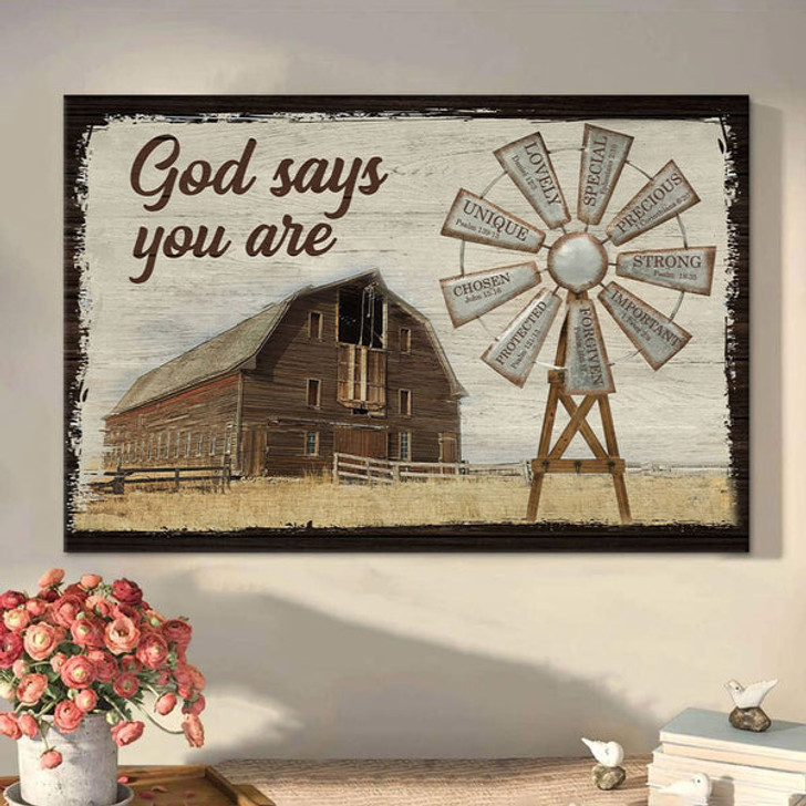 God Says You Are Canvas Wall Art Farmhouse Windmill Christian Decor - Religious Posters