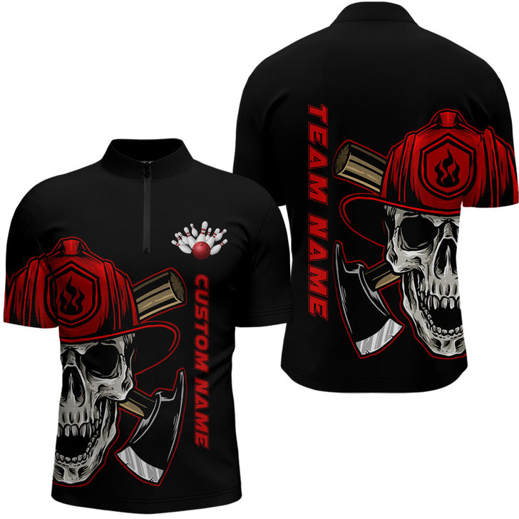 Custom Firefighter Skull Custom Men Bowling Quarter Zip Shirts Firefighter Bowling Team Jerseys