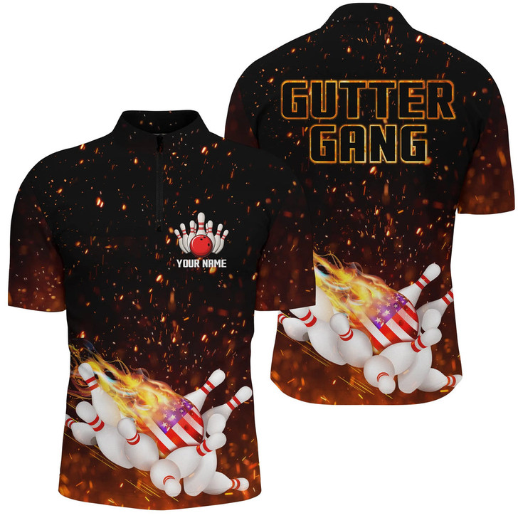 Custom Personalized Flame American Flag Bowling Quarter Zip Shirt For Men Custom Gutter Gang Bowling Shirts