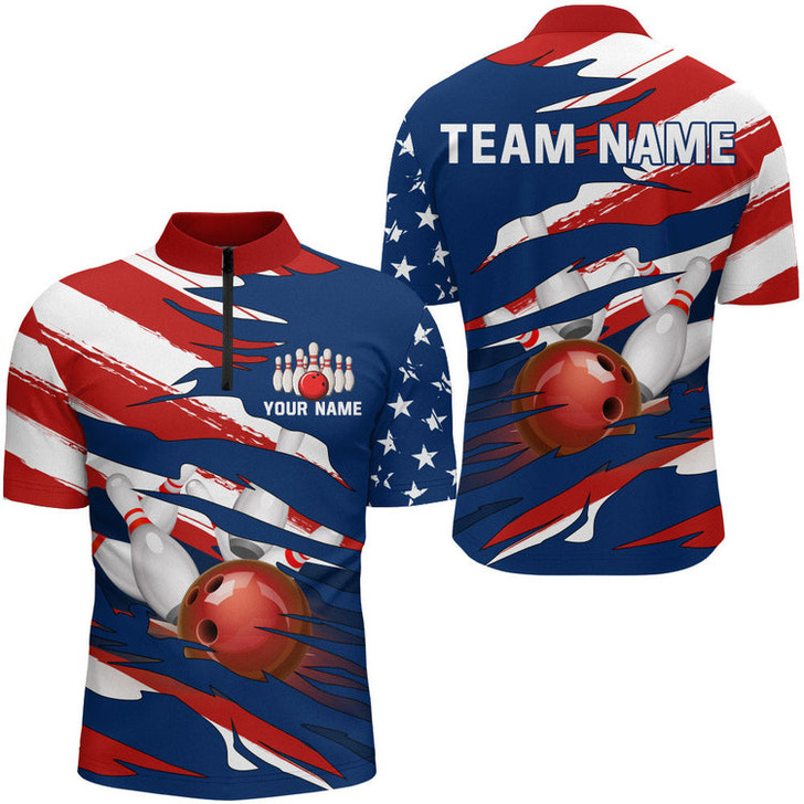 Custom American Flag Bowling Quarter-Zip Shirt Custom Bowling Jersey for Men Bowling Team League