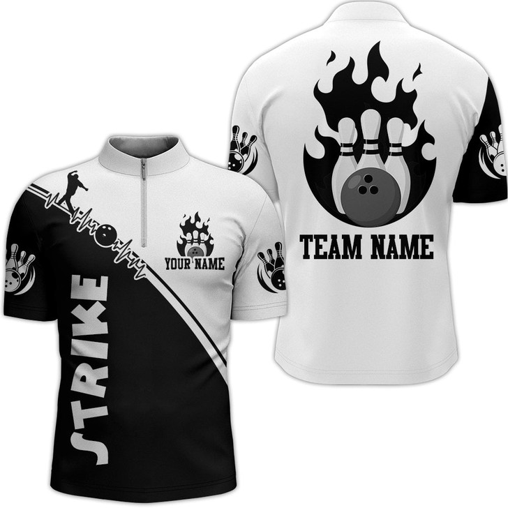 Custom Black & White Bowling Shirt for Men Custom Bowling Team Jersey Bowling Quarter-zip Shirt