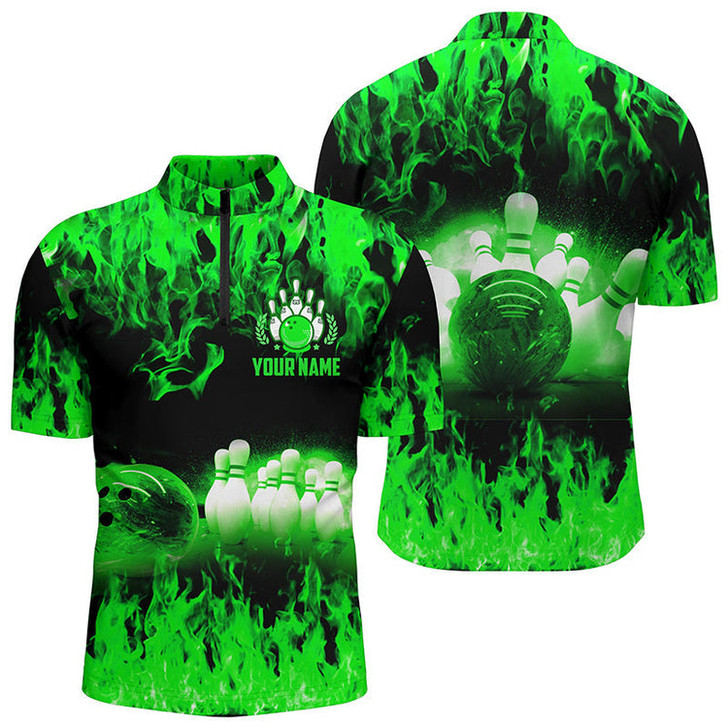 Custom Multi Color Flame Men's Bowling Quarter Zip Shirts, Personalized Cool Bowling Team League Bowling Shirts