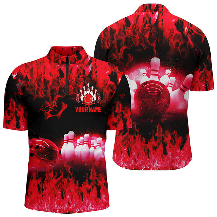 Custom Multi Color Flame Men's Bowling Quarter Zip Shirts, Personalized Cool Bowling Team League Bowling Shirts
