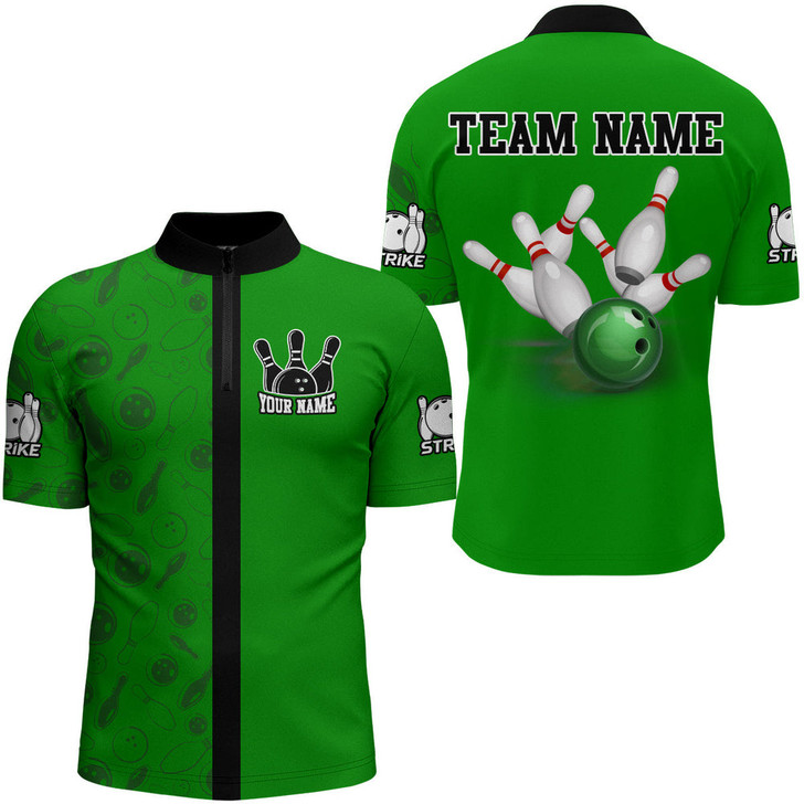 Custom Green Bowling Shirt for Men Bowling Jersey Bowling Team League Quarter-Zip Shirt
