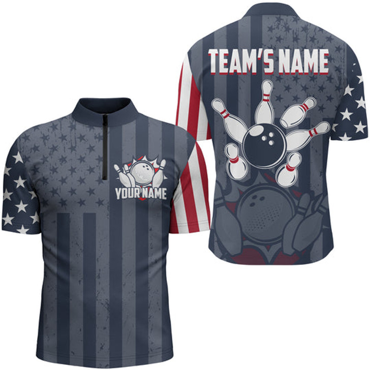 Custom Personalized 3D Bowling Jersey for Men USA Bowling Team Shirt Bowling Quarter-Zip Shirt, Flag Bowling Jersey Shirt