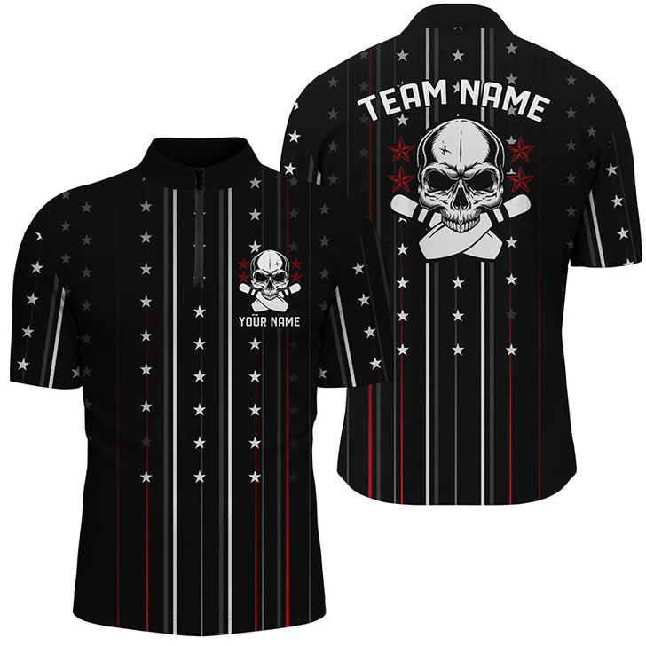 Custom Skull Star Bowling Quarter Zip Shirts For Men, Bowling Pin Custom Team's Name Bowler Jerseys