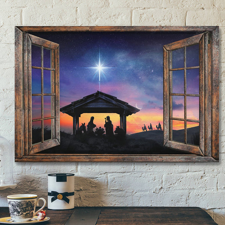 Landscape Jesus Canvas Prints - Bible Verse Canvas - God Wall Art - Wooden Window Beautiful Halo Night - Jesus Christ Poster - Ciaocustom