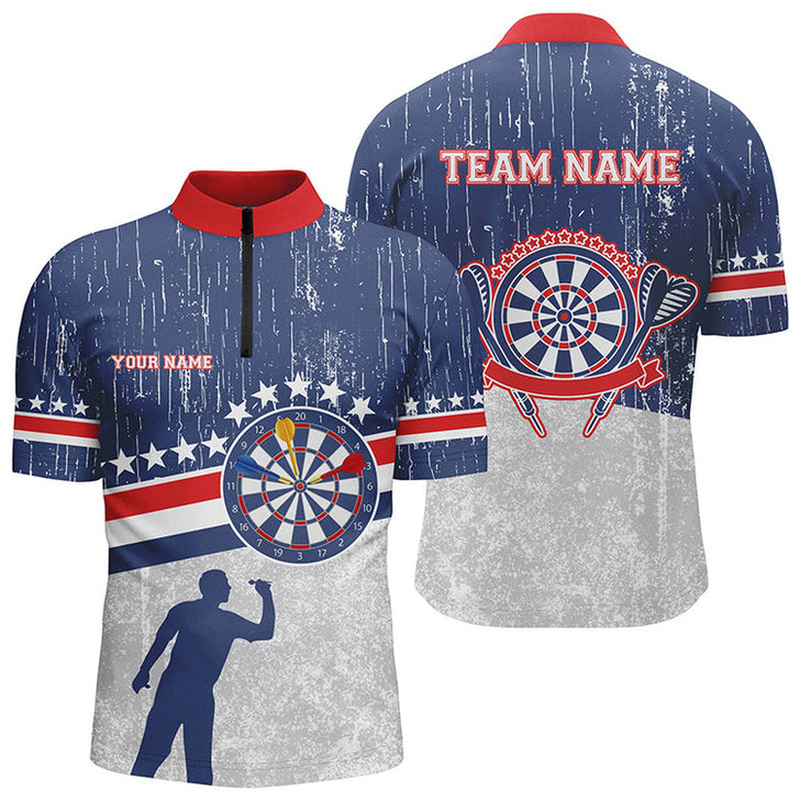 Custom Retro American Flag Darts Quarter Zip Shirt Personalized Patriotic Darts Jerseys For Men