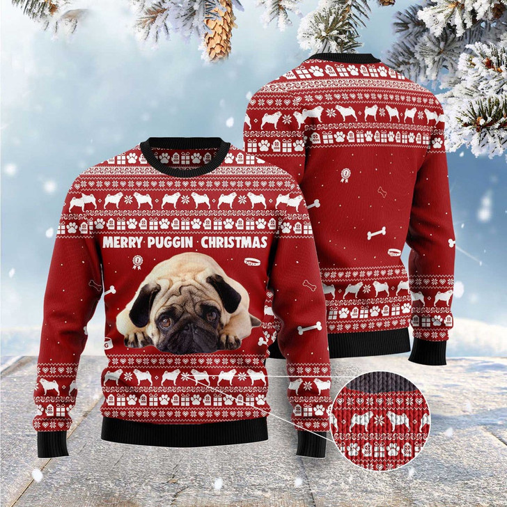 FUNSTUFFPRINT Merry Puggin Christmas Ugly Christmas Sweater, Dog Ugly Christmas Sweater, Ugly Dog Sweaters Ugly  Sweater