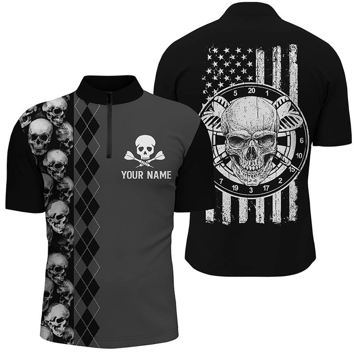 Custom Black Grey Argyle Skull Darts Quarter-Zip Shirt American Flag Patriotic Dart Jersey For Men, Skull Shirt