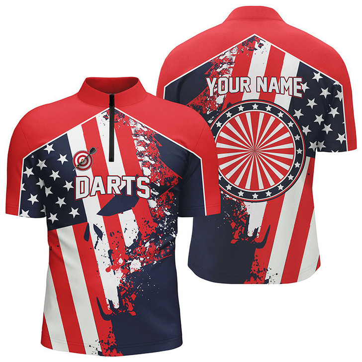 Custom Water Color American Flag Patriotic Darts Quarter Zip Shirt Custom Name Dart Jersey For Men