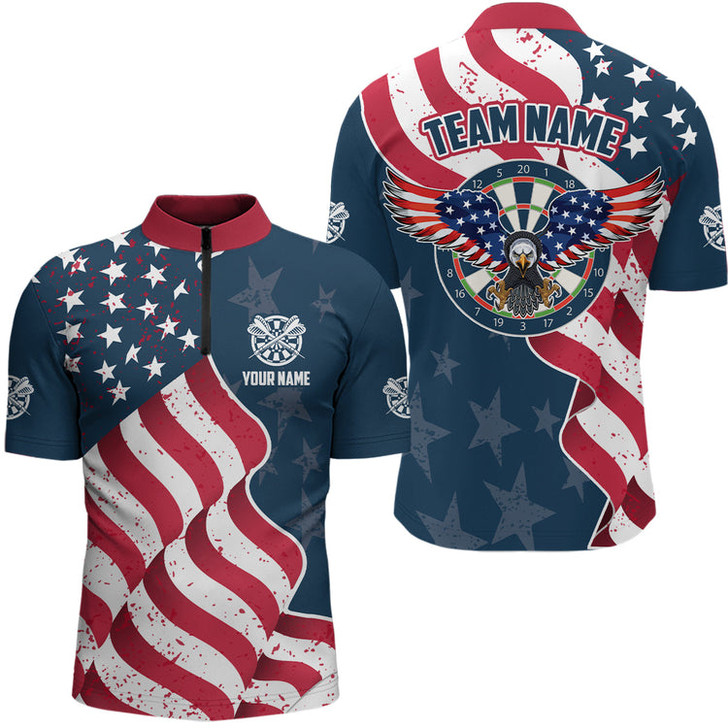 Custom Darts Pattern Waving American Flag White Quarter-Zip Shirt Patriotic Dart Jersey For Men