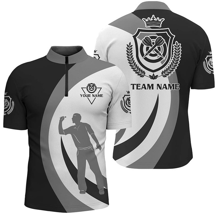 Custom Personalized Black Grey Crown Emblem Custom Darts Quarter Zip Shirt Cool Mens Dart Jersey