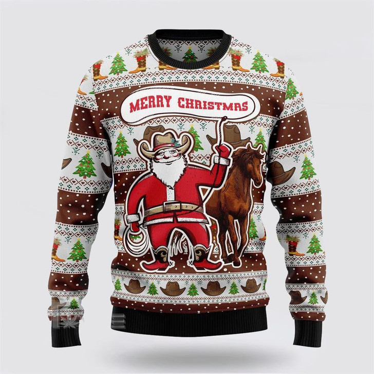 FUNSTUFFPRINT Santa Claus Sweater, Cowboy Santa Claus Ugly Christmas Sweater, Santa Claus Outfit History Ugly  Sweater