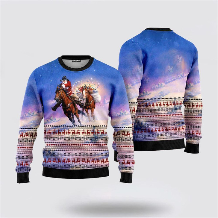 FUNSTUFFPRINT Santa Claus Sweater, Cowboy Santa Claus Ugly Sweater, Santa Claus Outfit History Ugly  Sweater