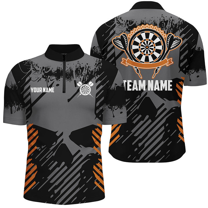Custom Grey Grunge Orange Skull Darts Quarter-Zip Shirts Custom Dart Shirts For Men Dart Jersey