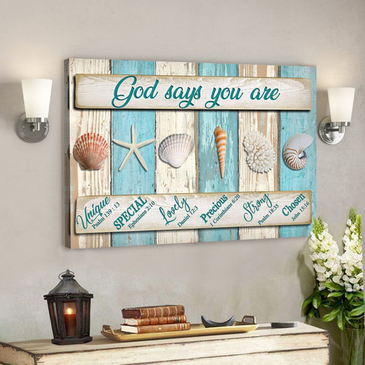 Bible Verse Canvas - Seashell - God Says You Are Canvas Print - Scripture Canvas Wall Art - Ciaocustom