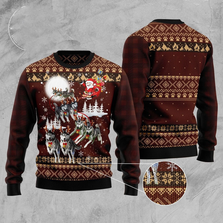 FUNSTUFFPRINT Siberian Husky Reindeers Car Ugly Christmas Sweater, Dog Ugly Christmas Sweater, Ugly Dog Sweaters Ugly  Sweater