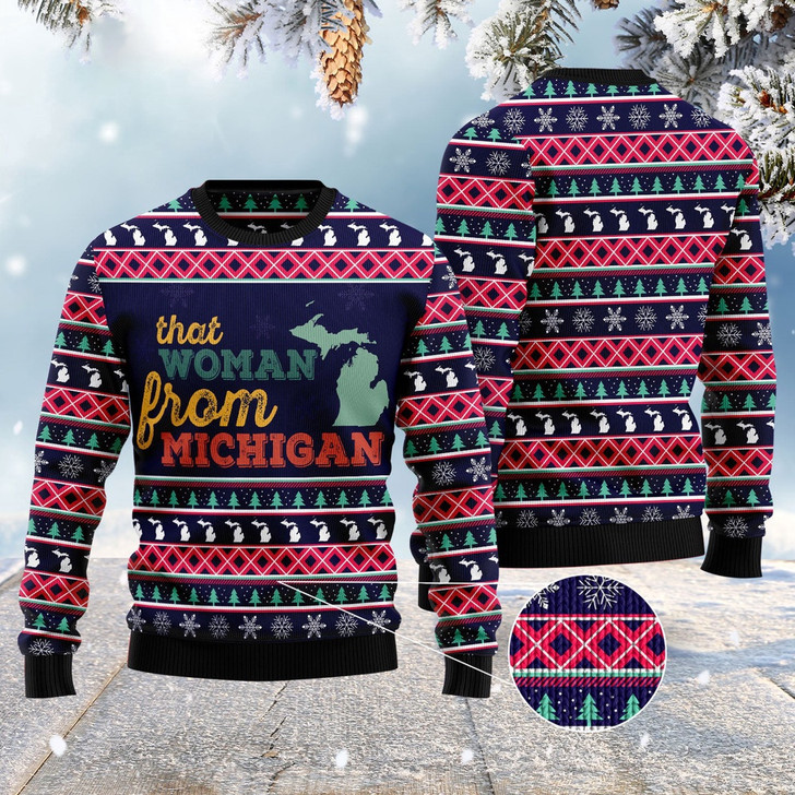 FUNSTUFFPRINT That Woman From Michigan Ugly Christmas Sweater, Christmas Sweater, Ugly Sweater, Funny Xmas Sweaters Ugly  Sweater