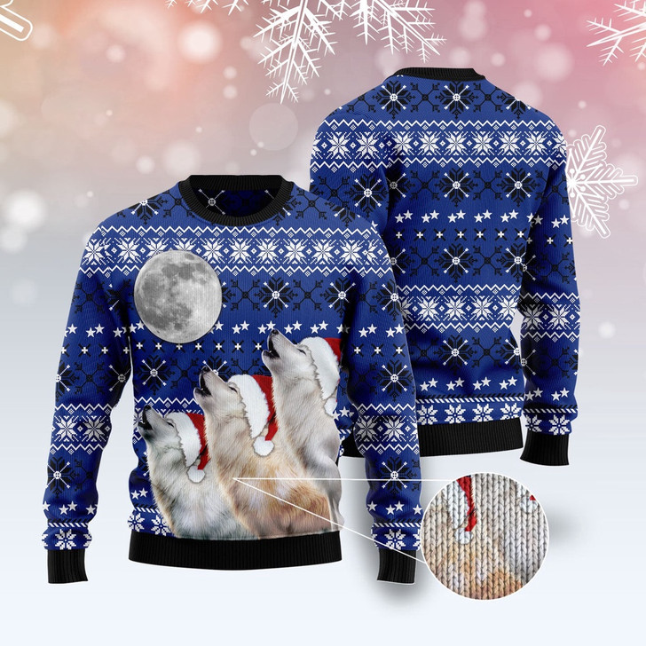 FUNSTUFFPRINT Wolf Howling Moon Ugly Christmas Sweater, Christmas Sweater, Ugly Sweater, Funny Xmas Sweaters Ugly  Sweater