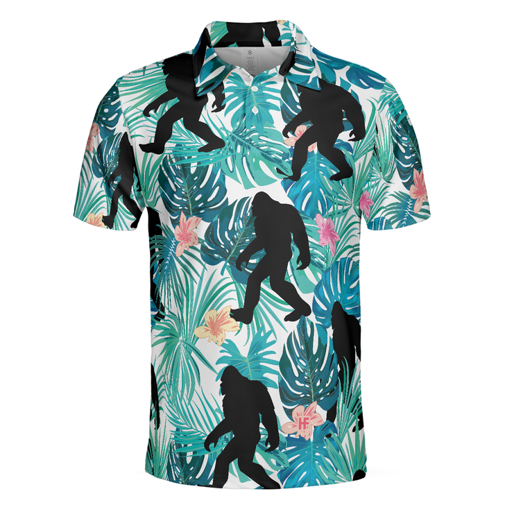 Bigfoot Tropical Short Sleeve Men Polo Shirt, Floral And Leaves Polo Shirt, Best Bigfoot Shirt For Men