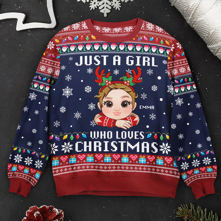 FUNSTUFFPRINT Custom Just A Girl, Boy Who Loves Christmas Ugly Sweater