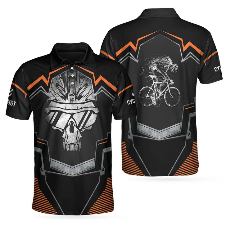 Cycling Skeleton Short Sleeve Polo Shirt, Black Skull Cyclist Shirt For Men, Polo Shirt Gift For Men