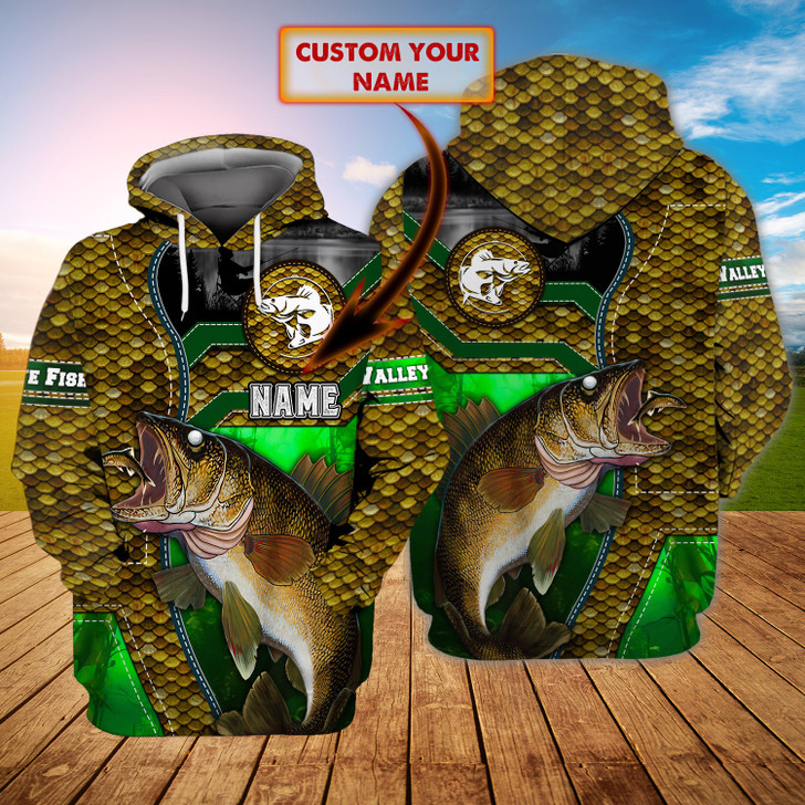 FUNSTUFFPRINT Walleye Fishing 03- Personalized Name  3D Hoodie and Zip Hoodie