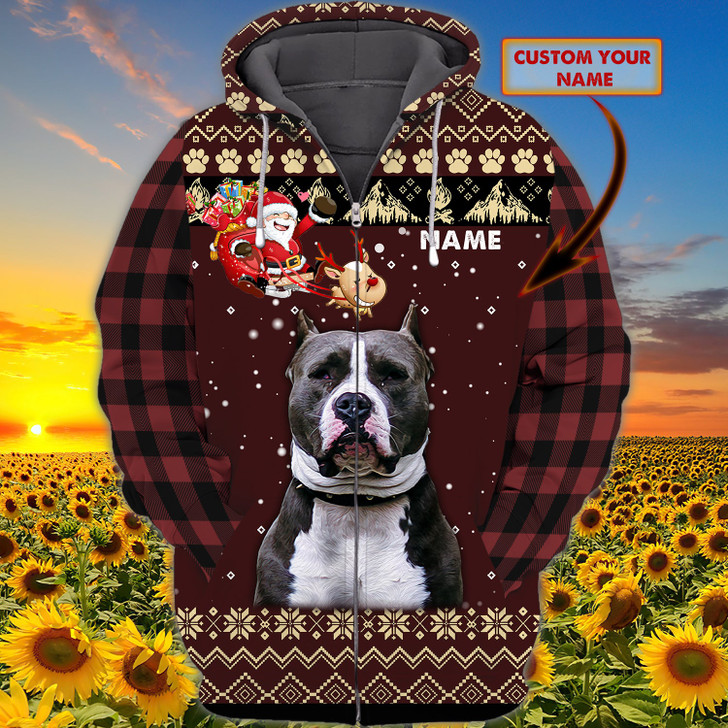 FUNSTUFFPRINT Xmas Pitbull - Personalized Name   3D Hoodie and Zip Hoodie