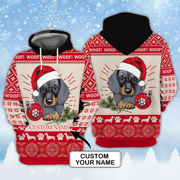 FUNSTUFFPRINT Xmas Dachshund - Personalized Name  3D Hoodie and Zip Hoodie