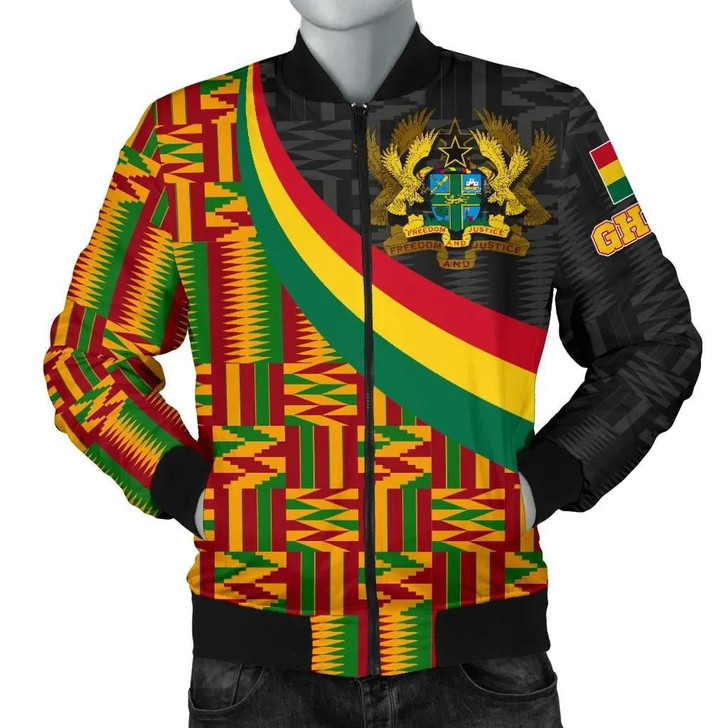 FUNSTUFFPRINTINT Ghana Men’s Bomber Jacket – Ghana Coat Of Arms and Kente Patterns – BN18  3D Bomber Jacket
