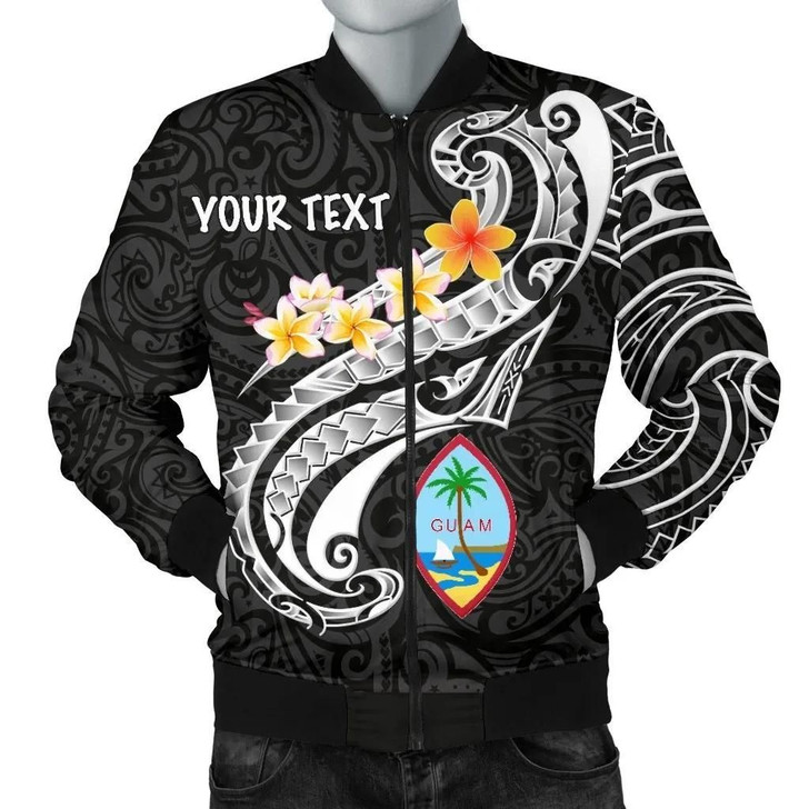 FUNSTUFFPRINTINT Guam Personalised Men’s Bomber Jacket – Guam Seal Polynesian Patterns Plumeria (Black)  3D Bomber Jacket