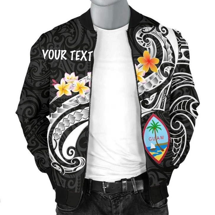 FUNSTUFFPRINTINT Guam Personalised Men’s Bomber Jacket – Guam Seal Polynesian Patterns Plumeria (Black)  3D Bomber Jacket