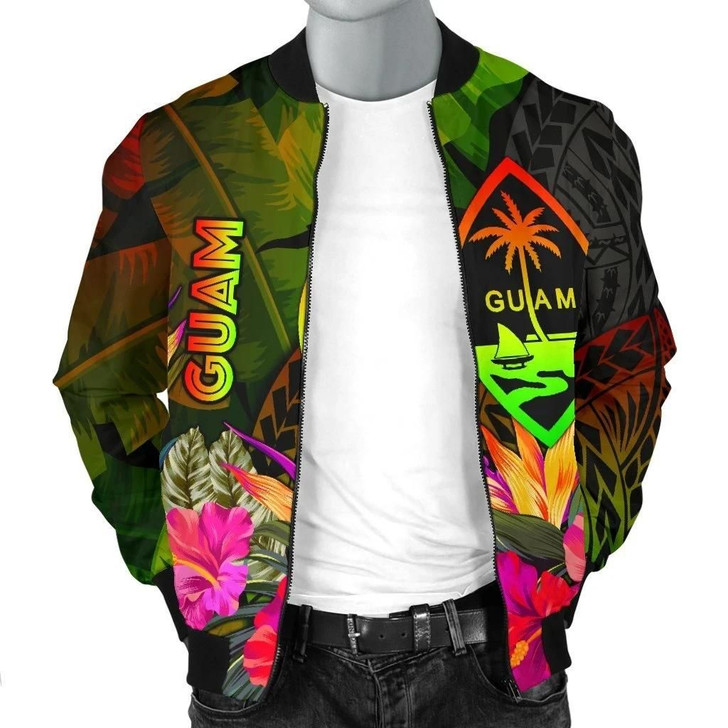 FUNSTUFFPRINTINT Guam Polynesian Men’s Bomber Jacket – Hibiscus and Banana Leaves  3D Bomber Jacket