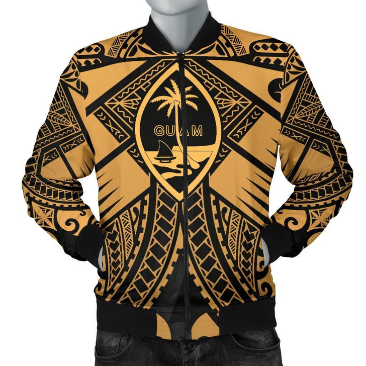 FUNSTUFFPRINTINT Guam Polynesian Men’s Bomber Jacket – Guam Gold Seal with Polynesian Tattoo  3D Bomber Jacket