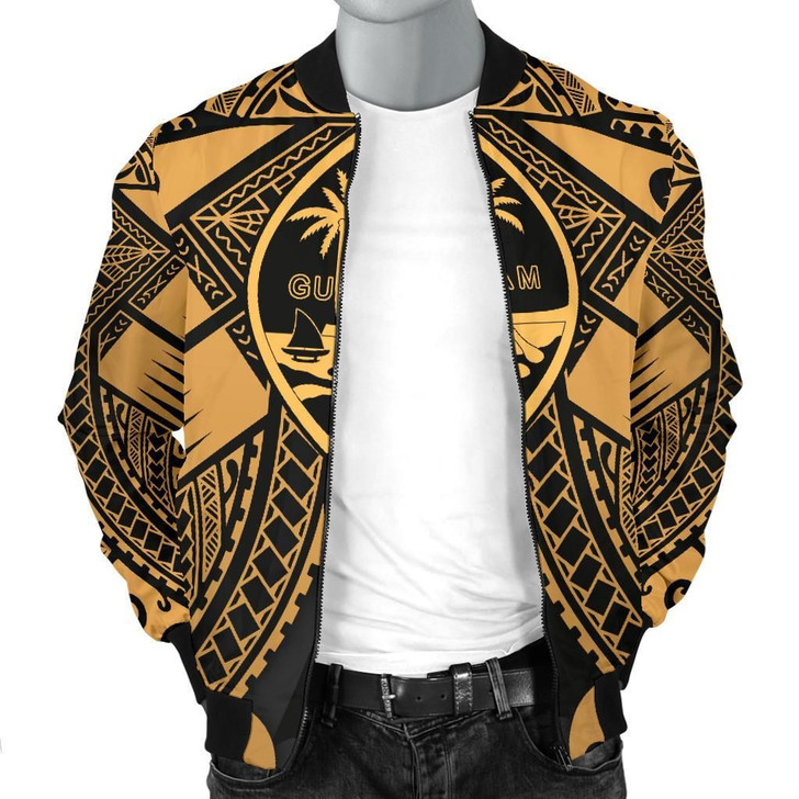 FUNSTUFFPRINTINT Guam Polynesian Men’s Bomber Jacket – Guam Gold Seal with Polynesian Tattoo  3D Bomber Jacket
