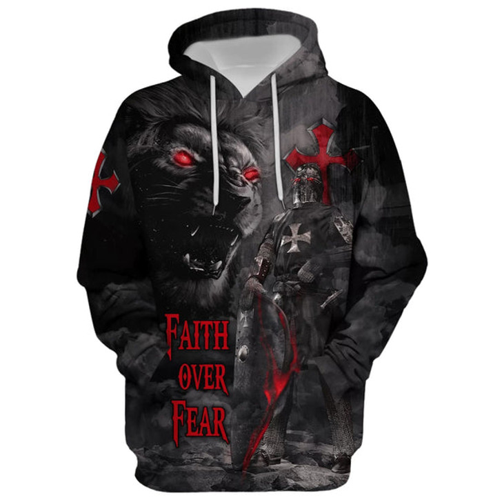 FUNSTUFFPRINT Lion Armor Knight Faith Over Fear Hoodie - Men & Women Christian  3D Hoodie and Zip Hoodie