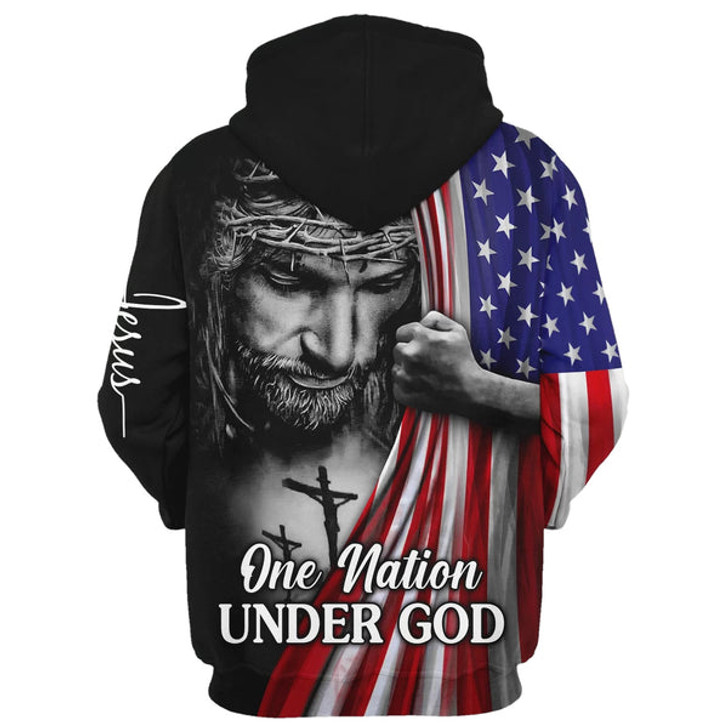 FUNSTUFFPRINT Jesus Christian Flag American - One Nation Under God Hoodie - Men & Women Christian 3D Hoodie and Zip Hoodie
